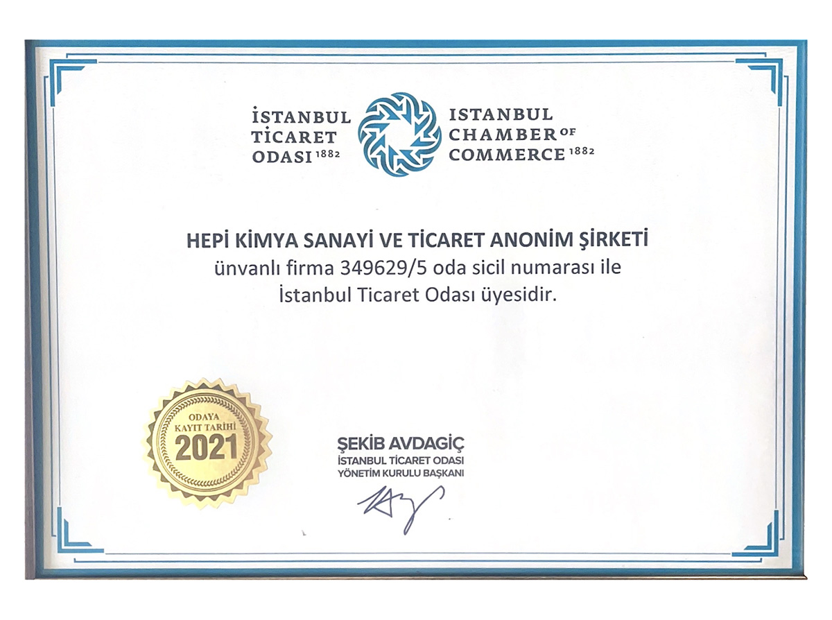İstanbul Ticaret Odası Sertifikası | Hepi Chemicals 
